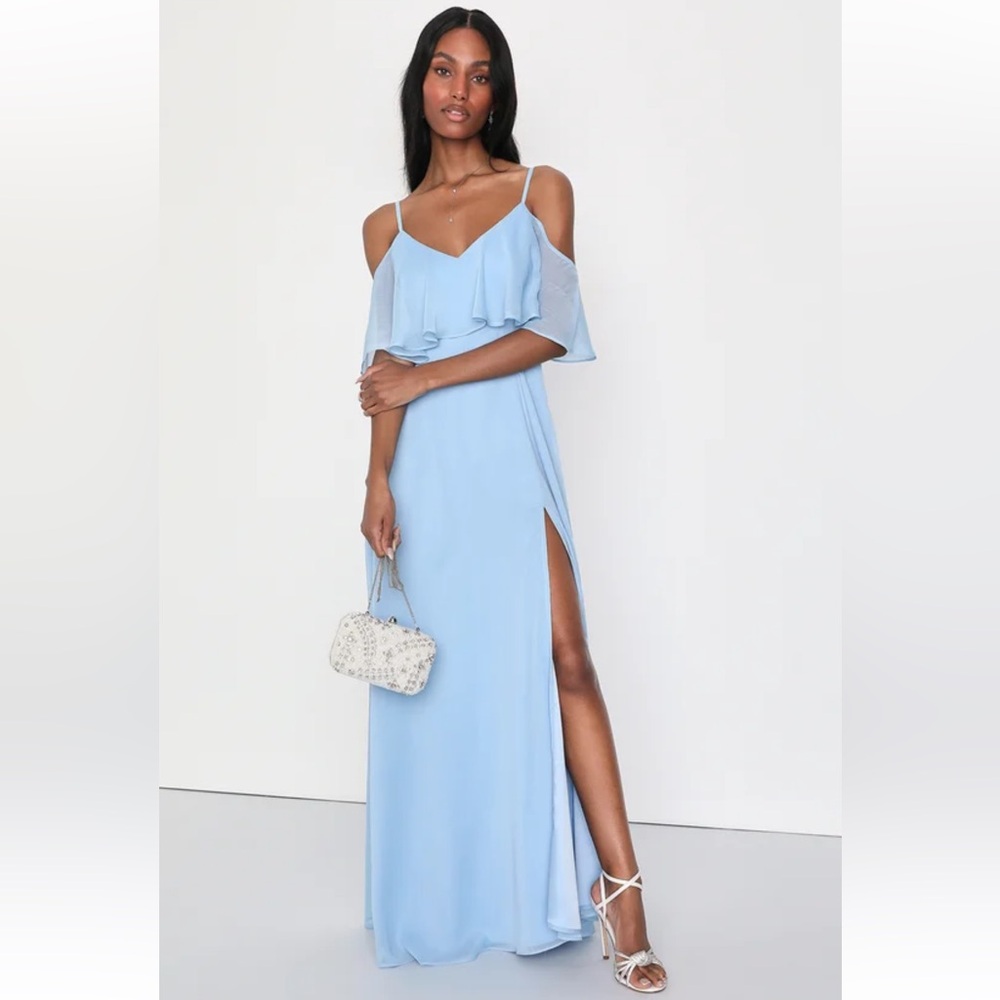 Lulu's "Forever Enchanting" light blue cold-shoulder maxi dress, NWT